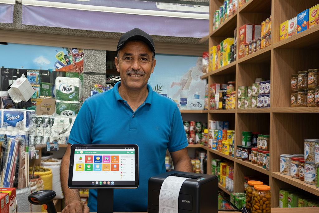 Épicier marocain souriant dans sa boutique utilisant le logiciel de caisse POS iGoodar avec écran tactile et imprimante thermique, gestion moderne du commerce. Épicier marocain souriant dans sa boutique utilisant le logiciel de caisse POS iGoodar avec écran tactile et imprimante thermique, gestion moderne du commerce.