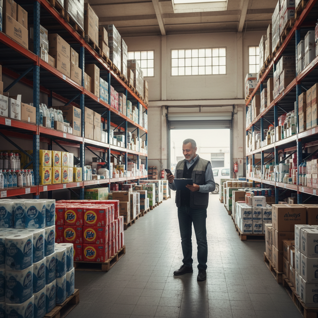 iGoodar – Gestion des stocks en temps réel pour grossistes et détaillants au Maroc. Grossiste marocain dans un entrepôt vérifiant son inventaire avec des produits de marques comme Selpak, Tide et Always, illustrant la gestion des stocks avec iGoodar.