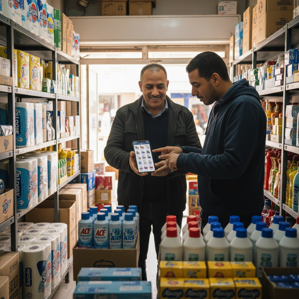 iGoodar – Catalogue digital avec images et prix pour grossistes et détaillants marocains. Commerçant marocain montrant un catalogue digital de produits sur smartphone à un client dans une épicerie, avec lessives Ace et autres produits en arrière-plan.