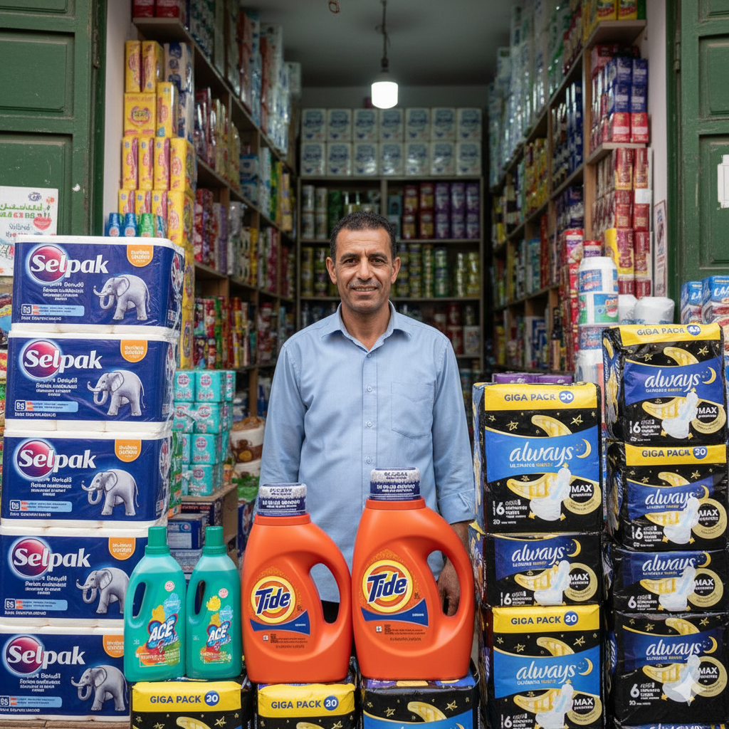 Grossiste marocain devant sa boutique avec des produits de marque Selpak, Tide, Ace et Always, représentant le commerce de détail et de gros au Maroc. Grossiste marocain devant sa boutique avec des produits de marque Selpak, Tide, Ace et Always, représentant le commerce de détail et de gros au Maroc.